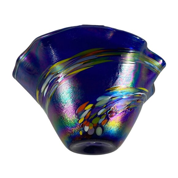 Glass Eye Studios Rainbow Twist Cobalt Iridescent Wave Bowl Handblown 6.25